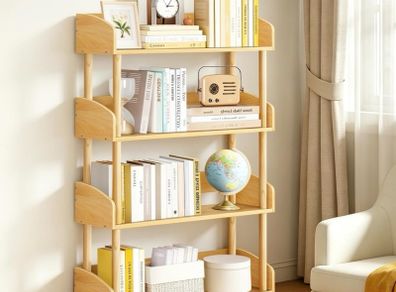 4 Tier Wooden Open Bookcase, Modern Display Bookshelf with Solid Wood Frame and Rounded Corner Design, Storage Organizer for Living Room, Bedroom, Home Office, Balcony