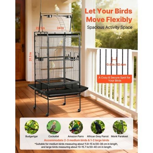 Bird Cage, 830 x 790 x 2100 mm, Open Flat Top, Wrought Iron Bird Flight Cage with Perches, Slide-Out Tray, Plastic Feeders, for Cockatiel, Monk Parakeet, Amazon Parrot, African Grey Parrot