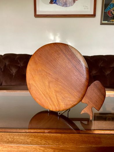Vintage Teak Mid Century Divided Serving Platter Carved Handle Retro Stylised Fish