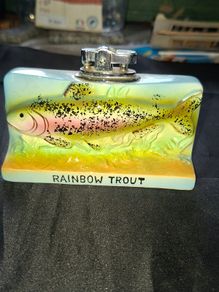 Old Rainbow Trout Lighter 1965 Amico ceramic table lighter Rainbow Trout design made in Japan.