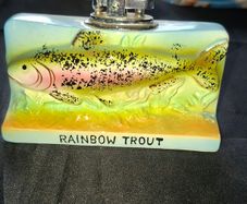 Old Rainbow Trout Lighter 1965 Amico ceramic table lighter Rainbow Trout design made in Japan.