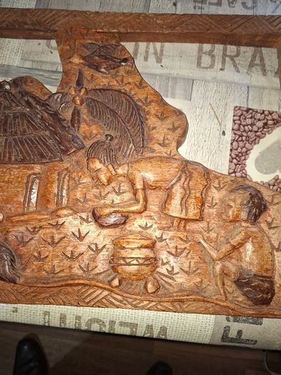 Beautiful Large Old Hand-Carved Wood Panel Indonesian Rural Village Life Scene Sculpture. Post Available, Beautifully carved from a single piece of wood Ideal for Home or Stage Movie Props