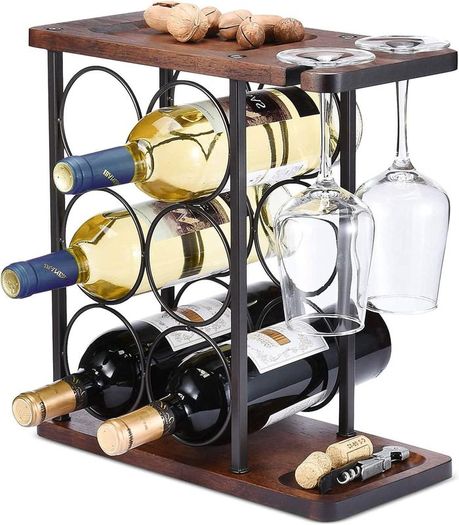 Wine Rack with Glass Holder, Tabletop Wine Holder with Tray, Wooden Wine Rack Free Standing, Perfect for Home Decor & Kitchen Storage Rack etc (Hold 6 Bottles and 2 Glasses)