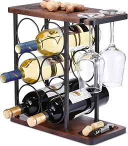 Wine Rack with Glass Holder, Tabletop Wine Holder with Tray, Wooden Wine Rack Free Standing, Perfect for Home Decor & Kitchen Storage Rack etc (Hold 6 Bottles and 2 Glasses)