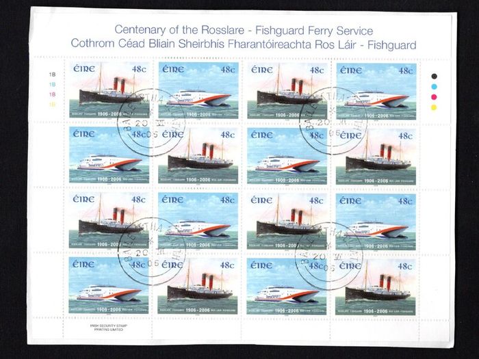 2006 Ireland Centenary of the Rosslare - Fishguard Ferry Service Commemorative Stamp Sheetlet Plate 1B1B1B1B Fine CDS Used with Dublin cancel of 20th June 2006 (First day of issued) on envelope extract.