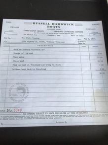 Elvis Memorabilia- Invoice from Russell Hardwick Boats to Elvis
