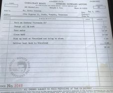 Elvis Memorabilia- Invoice from Russell Hardwick Boats to Elvis