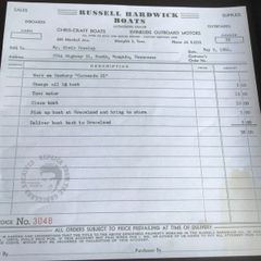 Elvis Memorabilia- Invoice from Russell Hardwick Boats to Elvis