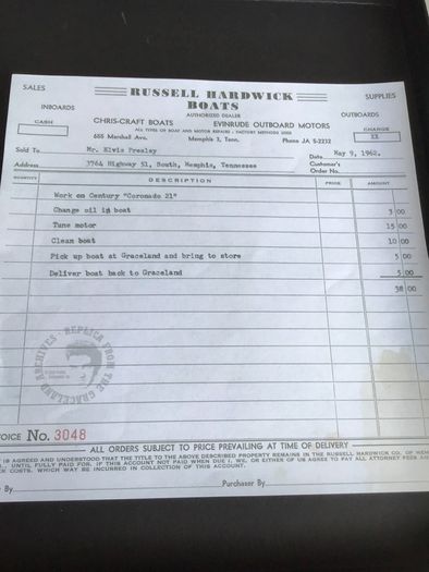 Elvis Memorabilia- Invoice from Russell Hardwick Boats to Elvis