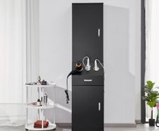 Salon Storage Cabinet, Barber Salon Station for Hair Stylist, Hair Stylist Station Set, with 3 Hair Dryer Holders, Cabinets, and A Drawer, Black