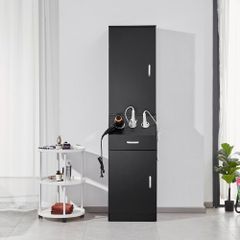 Salon Storage Cabinet, Barber Salon Station for Hair Stylist, Hair Stylist Station Set, with 3 Hair Dryer Holders, Cabinets, and A Drawer, Black
