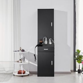 Salon Storage Cabinet, Barber Salon Station for Hair Stylist, Hair Stylist Station Set, with 3 Hair Dryer Holders, Cabinets, and A Drawer, Black