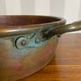 Beautiful large antique solid copper flat-bottom pan with riveted brass handles. Image 4
