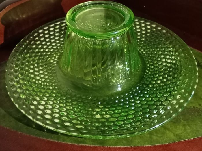 Uranium Glass Green Depression Footed Bowl