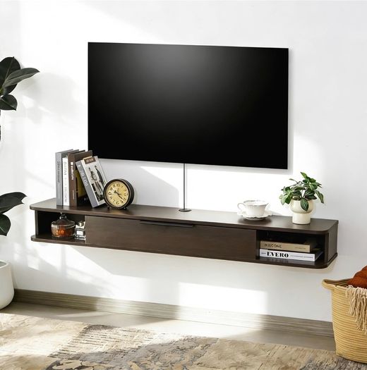 Wall-mounted TV Cabinet Stand, 140cm Floating Media Console Under TV, Entertainment Shelf Center for Bedroom and Living Room, Greyish-Coffee