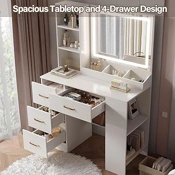 Dressing Table with Mirror and Stool: Vanity Desk with Mirror and Drawers, Open Shelves, White Vanity Dressing Table for Bedroom with Led Light