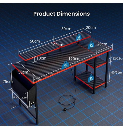 Gaming Desk with LED Lights & Power Outlets, Reversible