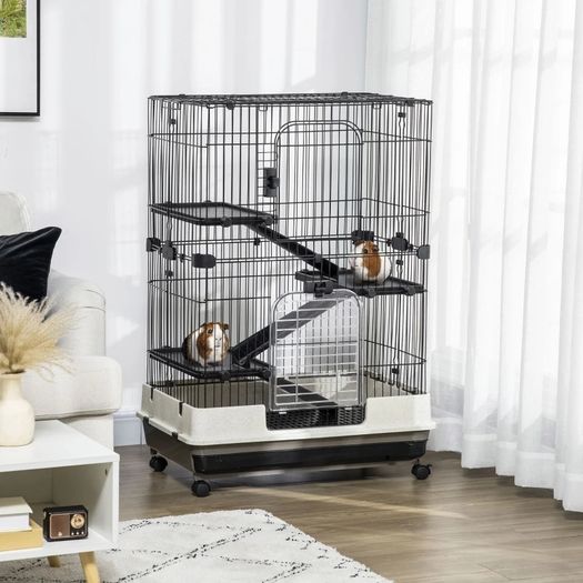 Four-Tier Small Animal Cage, for Bunnies, Ferrets, Chinchillas w/ Wheels, Tray - Black