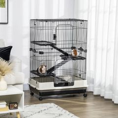Four-Tier Small Animal Cage, for Bunnies, Ferrets, Chinchillas w/ Wheels, Tray - Black
