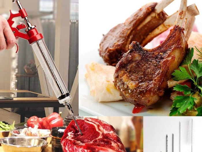 Meat Injector Marinade Gun Stainless Steel Outdoor Kit Flavor Food Syringes & 4 Marinades Needles for BBQ Grill Smoker Injectors Professional Syringe Held Culinary Barbecue Tool (FREE POSTAGE)