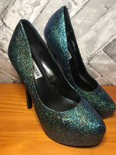 Steve Madden Dejavu Green/Blue Glitter Mermaid Scale Pattern Stiletto High Heel Shoes UK5 EUR38   S-E