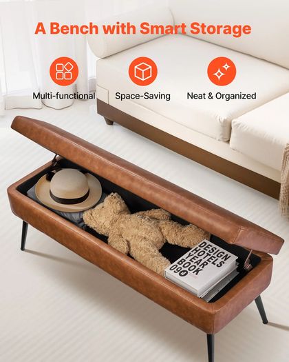 PU Leather Storage Ottoman Bench with Storage and Metal Legs