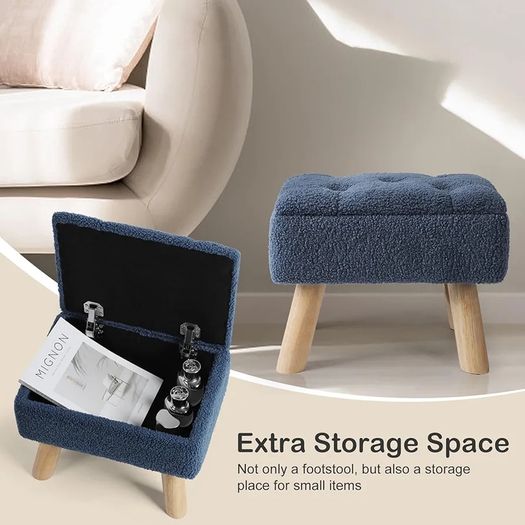 Storage Ottoman, Small Foot Stool Ottoman With Storage, Boucle Teddy Velvet Foot Rest With Padded Seat. (Dark Blue)