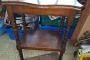 Two Tiered Side Table featuring Turned Wood Legs and a Scalloped Edge Top Stage or Movie Props