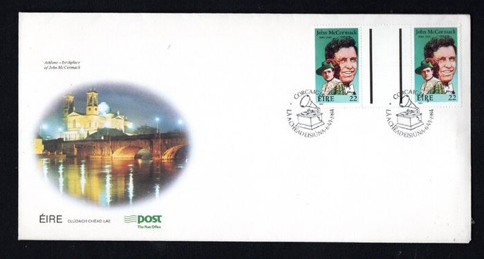 1984 Ireland Birth Centenary of Count John McCormack Commemorative Stamps Gutter Pair An Post First Day Cover (FDC) with Corcaigh (Cork) Pictorial cancel.