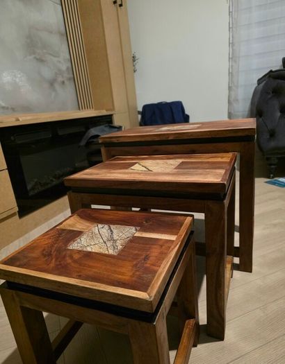 Beautifully Restored Upcycled Indian Rosewood Nest of 3 Tables with Floating Top Effect