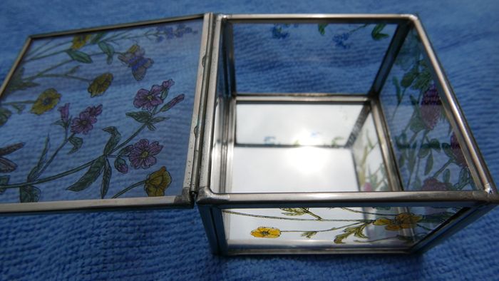 Vintage Hand Painted Waterside Flowers R Stained Glass Mirror Box