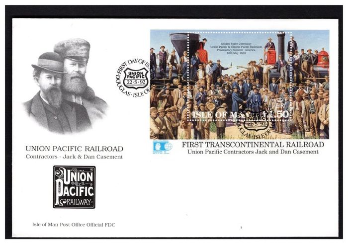 1992 Isle of Man Construction of Union Pacific Railroad Stamp Miniature Sheet First Day Cover (FDC)