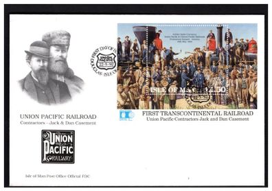 1992 Isle of Man Construction of Union Pacific Railroad Stamp Miniature Sheet First Day Cover (FDC)