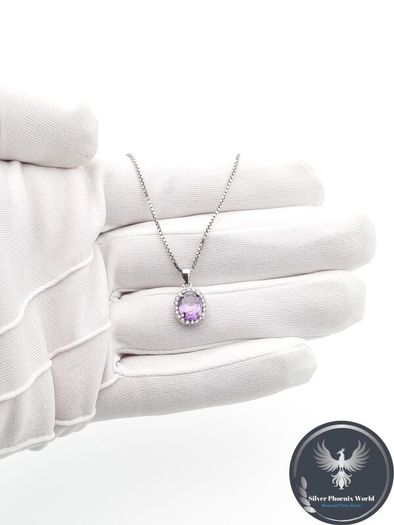 925 Silver Cubic Zirconia Halo Amethyst Necklace