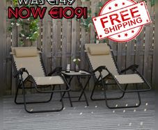 NEW SALE | 3pcs Folding Zero Gravity Chairs Sun Lounger Table Set w/ Cup Holders Reclining Garden Yard Pool, Beige