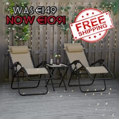 NEW SALE | 3pcs Folding Zero Gravity Chairs Sun Lounger Table Set w/ Cup Holders Reclining Garden Yard Pool, Beige