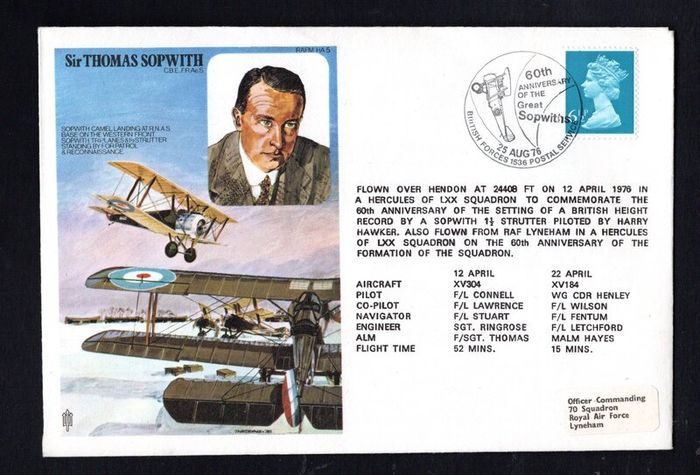 1976 Great Britain Illustrated Cover Commemorating 60th Anniversary of the Great Sopwith (setting of British Hight Record) tying 6 1/2d Machin