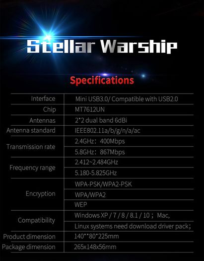 COMFAST Stellar Warship AC1300 Dual Band (2.4G/5G) USB Adapter/Dongle+Hotspot - 2x6dbi External Adjustable Antennas (Brand New/Warranty)