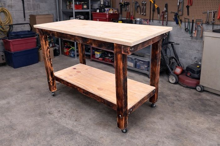 Heavy Duty Rustic Workbench / Table Desk On Wheels