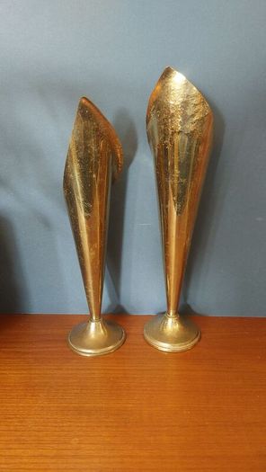 A Fabulous Pair of Rare Antique/Vintage Brass Arts & Crafts Style "Calla Lily" or "Trumpet" Vases with Hand-Beaten Repousse Finish  - Priced as a Pair, But Can be Sold Separately