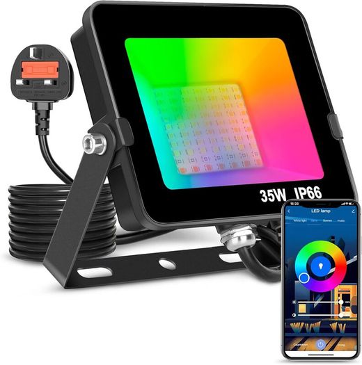 LED Floodlight Outdoor or Indoor 35W Smart RGB Colour Changing Flood Lights Bluetooth APP Control IP66 Waterproof dimmable Atmosphere Light for Decorative Stage Landscape Garden, UK 3 pin Plug(1 Pack)