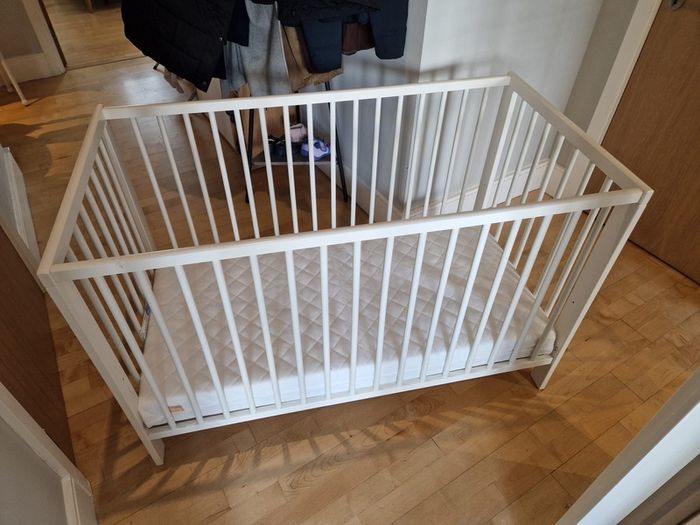 White Wooden Baby Cot Crib with Mattress Excellent Condition