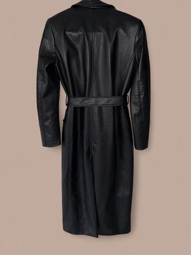 Zara Size S black faux leather Long trench coat with belt