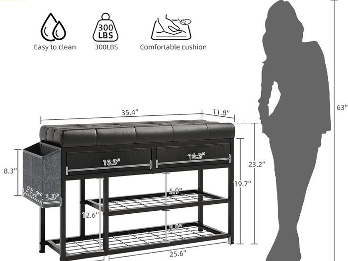 Shoe Bench with Cushion, Storage Bench with Padded Seat, Metal Shoe Racks and Fabric Drawers