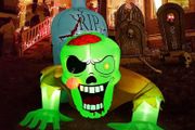 SEASONAL SALE Halloween Inflatable Crawling Green Ghost with Tombstone, Built-in LED Lights, Inflatable LED Lights Blow Up Yard Decoration