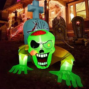 SEASONAL SALE Halloween Inflatable Crawling Green Ghost with Tombstone, Built-in LED Lights, Inflatable LED Lights Blow Up Yard Decoration