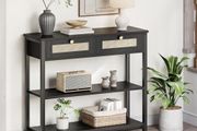 Rattan-Like Black Console Table, 3-Tier Hallway Table with 2 Flip-Down Drawers and Storage Shelves, 80 cm, Open and Hidden Storage Space, Woven Decoration, Black