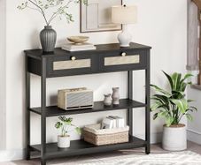Rattan-Like Black Console Table, 3-Tier Hallway Table with 2 Flip-Down Drawers and Storage Shelves, 80 cm, Open and Hidden Storage Space, Woven Decoration, Black