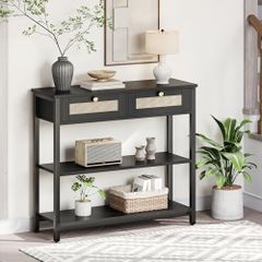 Rattan-Like Black Console Table, 3-Tier Hallway Table with 2 Flip-Down Drawers and Storage Shelves, 80 cm, Open and Hidden Storage Space, Woven Decoration, Black
