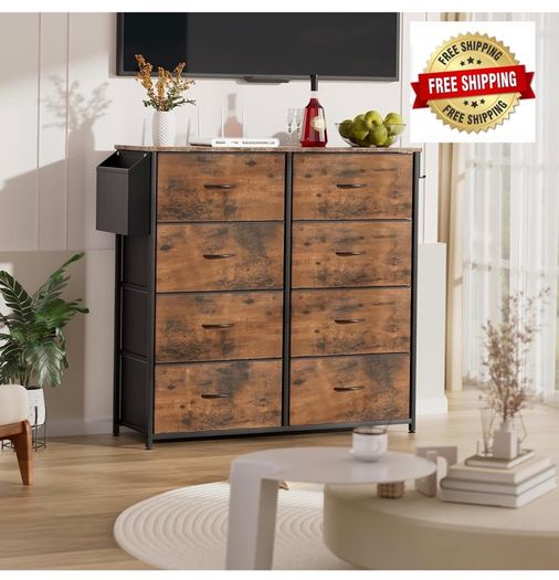 Fabric Chest of Drawers - Canvas Storage Unit with 8 Large Drawers Label Cards, Side Pocket & Hook for Living Room, Hallway, Bedroom